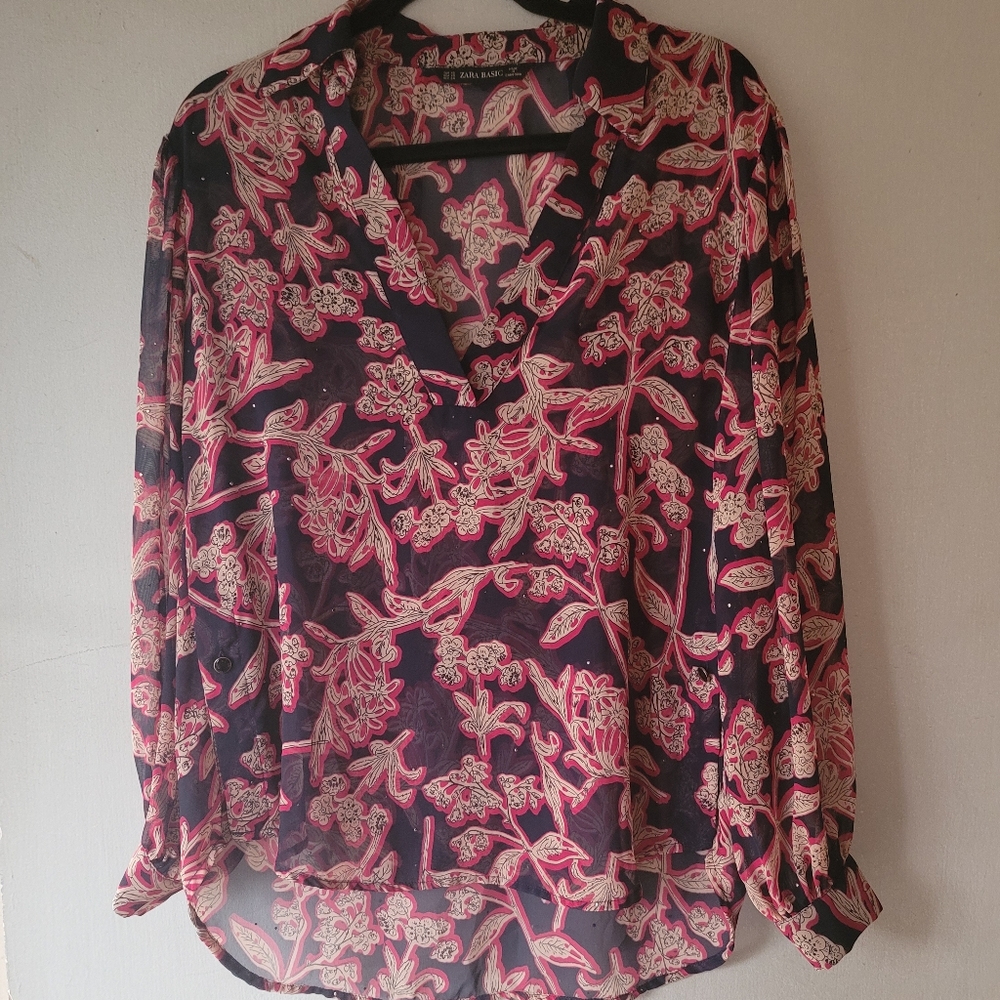 Zara Basics long sleeve sheer floral top